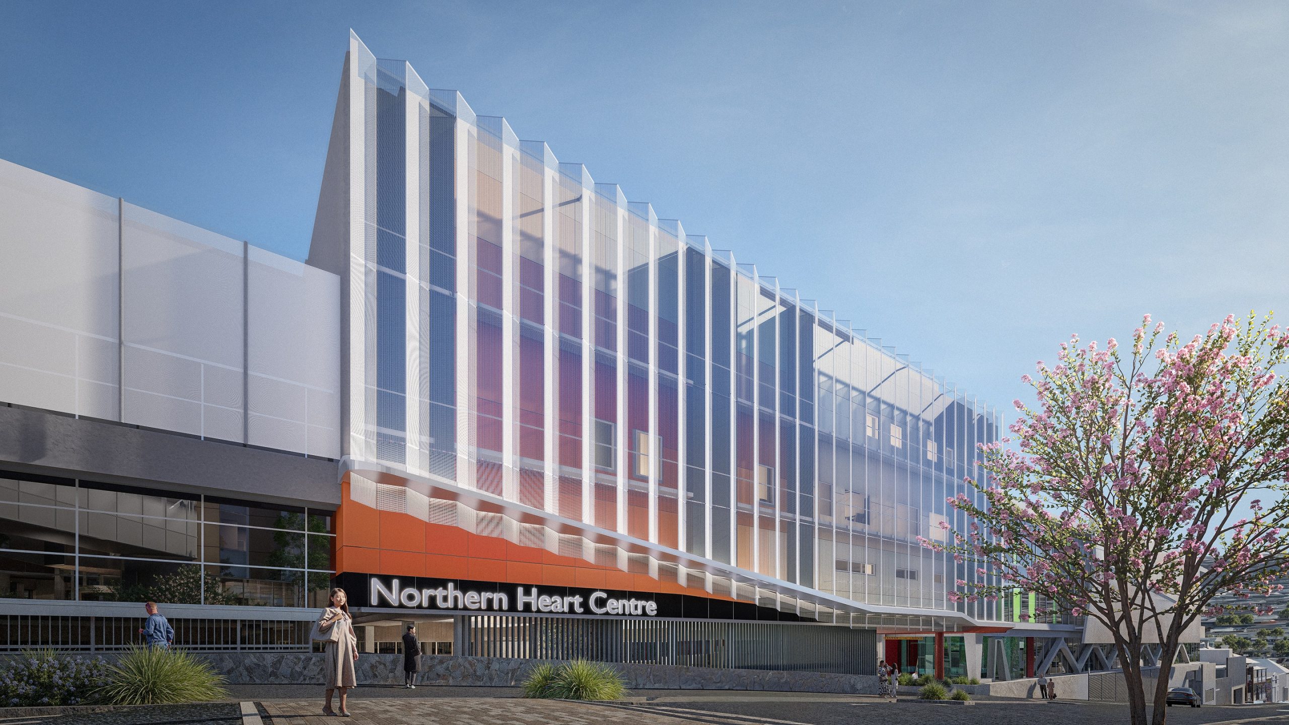 Northern Heart Centre street‑level view showing articulated façade, pedestrian access and landscaped frontage.