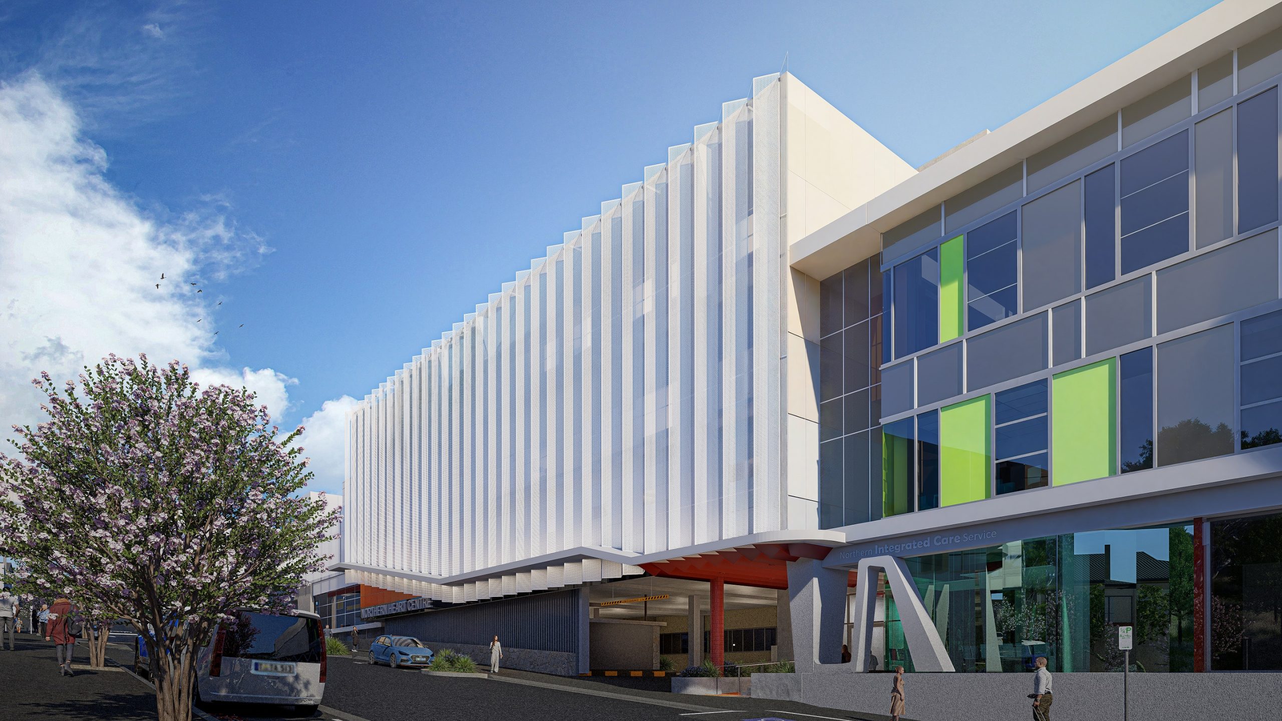 Northern Heart Centre aerial view showing building form, connection to Launceston General Hospital and surrounding streetscape.