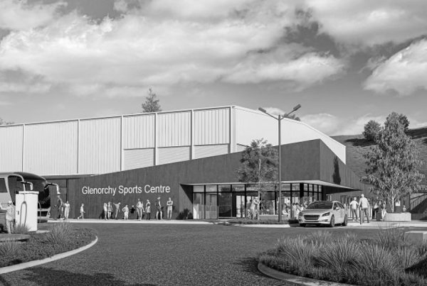 Glenorchy Sports Centre exterior showing main entry, landscaped forecourt and drop‑off area.